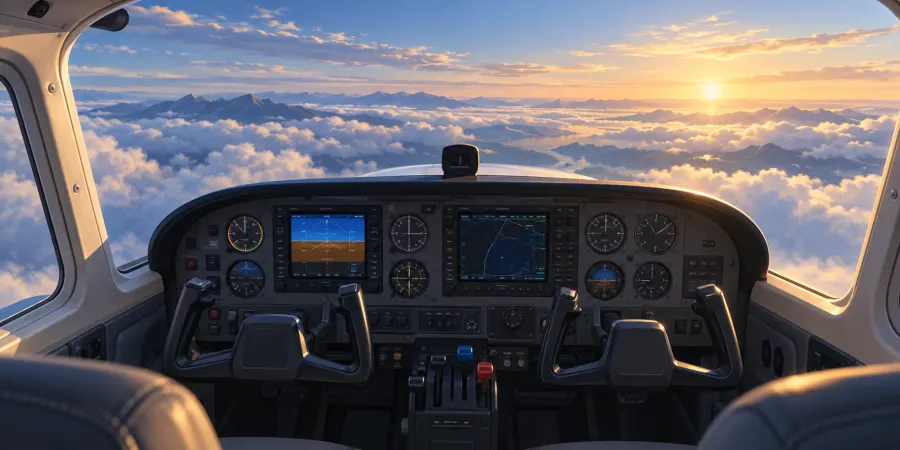 Cockpit d'avion léger en vol au-dessus des nuages